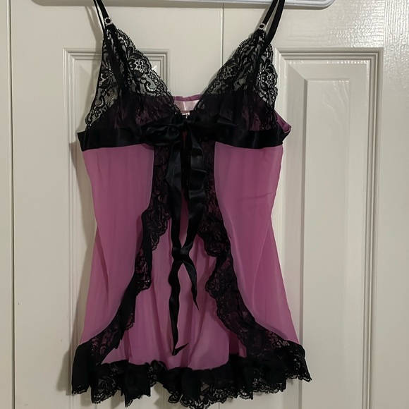 Victoria’s Secret sheer tie front purple with black lace baby doll night dress - Picture 1 of 9
